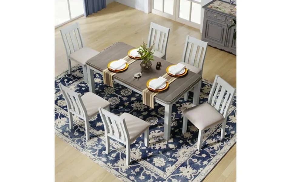 Besthome Retro Style 7-piece Dining Table Set With Extendable Table And 6 Upholstered Chairs Brown White