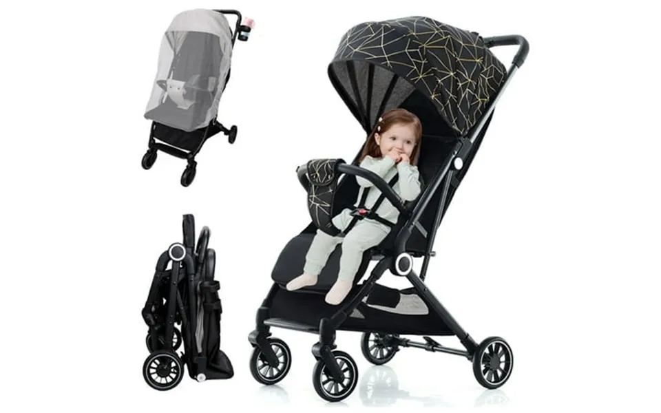 Beuway Folding Baby Stroller With Mosquito Net Storage Basket Adjustable Backrest Canopy Cup Holder Black