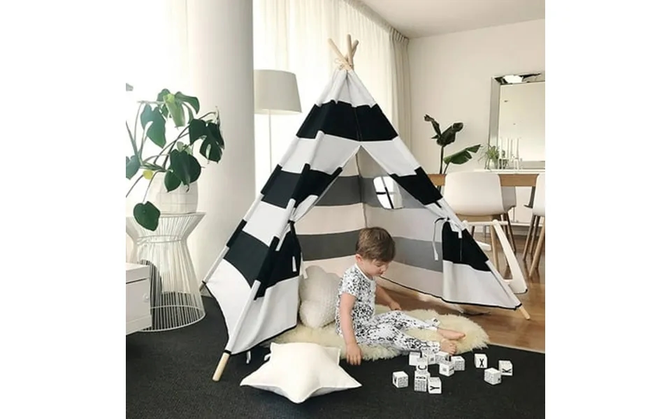 Black White Striped Kids Teepee Portable Canvas Tent Foldable Playhouse Indoor Outdoor
