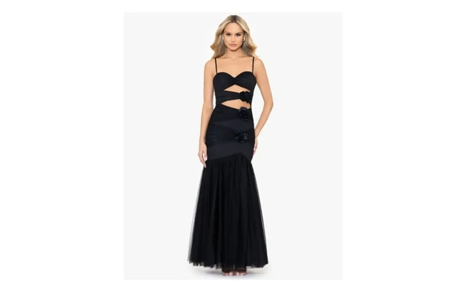 Blondie Nites Womens Black Mesh Zippered Cut Out Rosettes Lined Spaghetti Strap Sweetheart Neckline Full-length Formal M