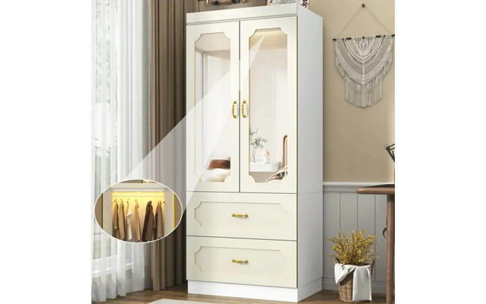 Blotout 75 H Wardrobe Closet With Led Light & 2 Mirror 2 Doors Wardrobe With Hanging Rod And 2 Drawers Luxury Modern Arm