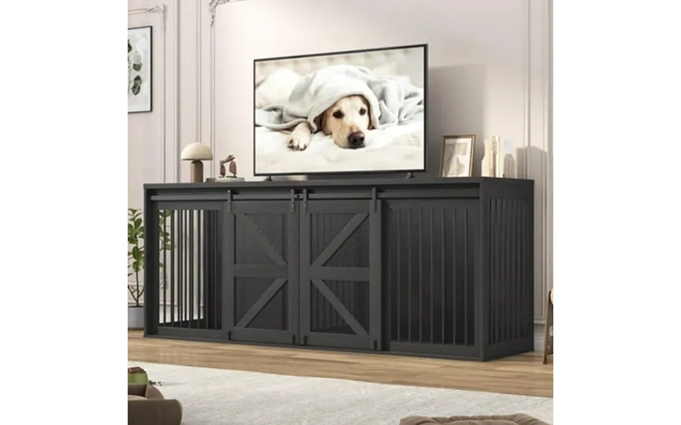 Blotout 87 Large Farmhouse Dog Crate Tv Stand Wooden Dog Crate Furniture With With Divider Panel Sliding Metal Mesh Barn