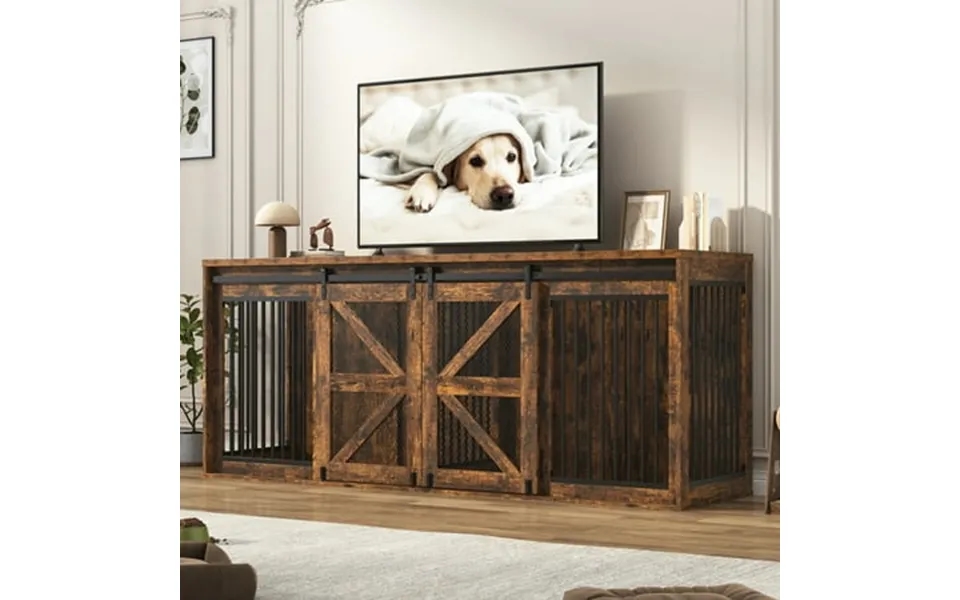 Blotout 87 Large Farmhouse Dog Crate Tv Stand Wooden Dog Crate Furniture With With Divider Panel Sliding Metal Mesh Barn