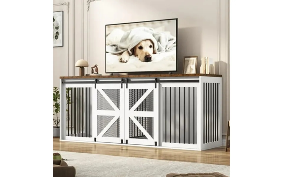 Blotout 87 Large Farmhouse Dog Crate Tv Stand Wooden Dog Crate Furniture With With Divider Panel Sliding Metal Mesh Barn