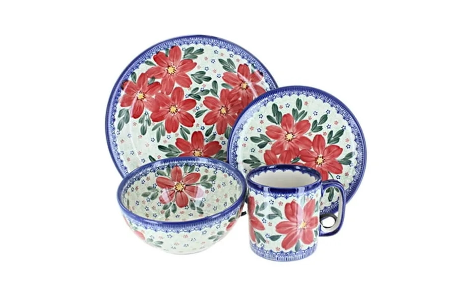 Blue Rose Polish Pottery Poinsettia 16 Pc Dinnerware Set