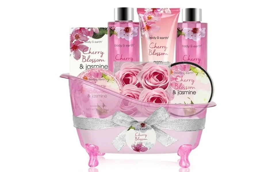 Body & Earth Bath Gift Sets For Women 8 Pcs Cherry Blossom & Jasmine Spa Baskets Beauty Holiday Birthday Gifts For