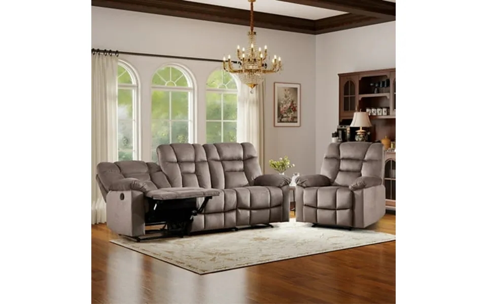 Bonzy Home Fabric Recliner Sofa Set Single Manual Recliner & 3-seat Reclining Sofa With Wide Backrests & Headrests Brown
