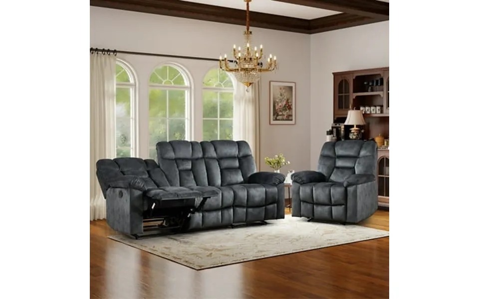 Bonzy Home Fabric Recliner Sofa Set Single Manual Recliner & 3-seat Reclining Sofa With Wide Backrests & Headrests Gray