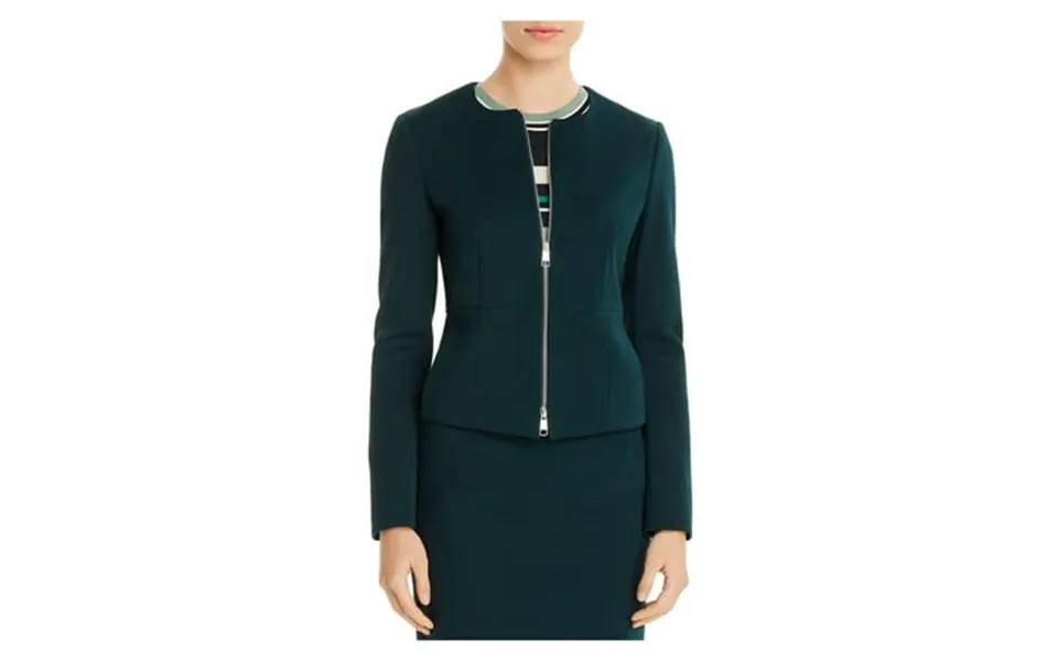 Boss Womens Green Stretch Zippered Textured Lined Long Sleeve Crew Neck Wear To Work Blazer Jacket 8
