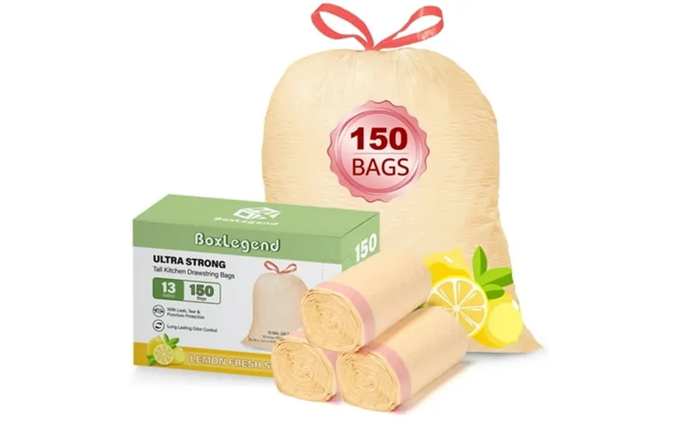 Boxlegend Trash Bags Ultra Strong 13 Gallon Drawstring Tall Kitchen Garbage Bags Lemon Scent 150 Pcs Light Yellow