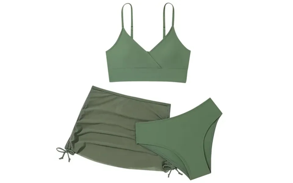 Byhong Girls 3-piece Plain Swimsuit Set Wrap Bikini With Ruched Cover-up Skirt - Stylish And Versatile Girls Swimsuits F