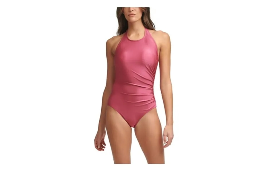 Calvin Klein Women S Pink Stretch Halter Ruched Full Coverage Tie High Neck One Piece Swimsuit 16