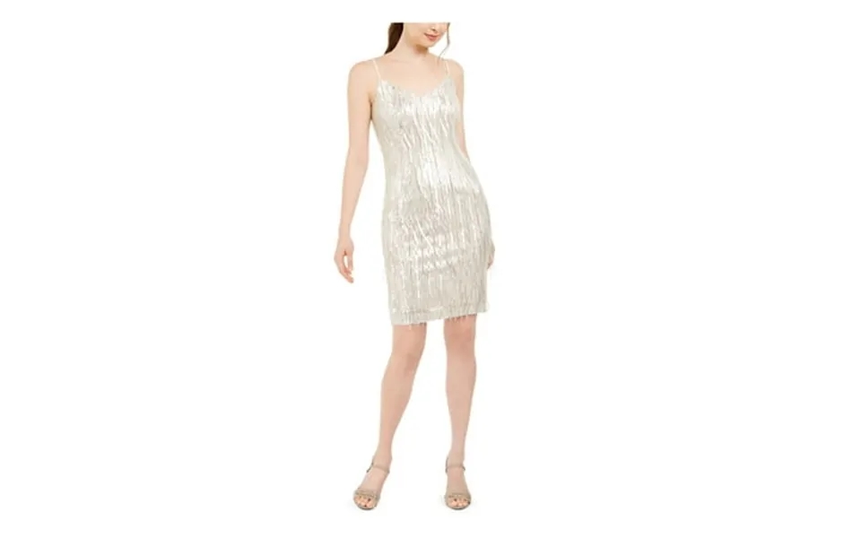 Calvin Klein Womens Beige Fringed Zippered Sequined Striped Spaghetti Strap V Neck Above The Knee Party Sheath Dress 4