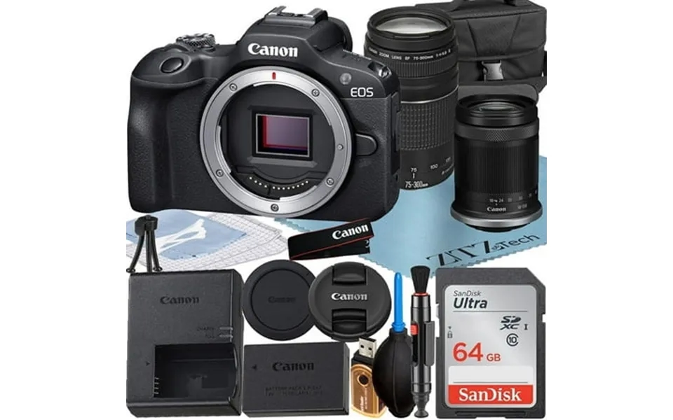 Canon Eos R100 Mirrorless Camera With Rf-s 18-150mm 75-300mm Lens Sandisk 64gb Memory Card Case Zeetech Accessory Bundle