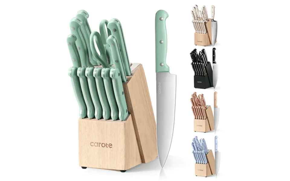 Carote 14 Pieces Knife Set With Wooden Block Stainless Steel Knives Forged Green
