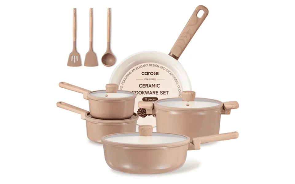 Carote Ceramic Cookware Sets 12 Pcs Nonstick Pots And Pans Set Non Toxic Induction Cookware Taupe