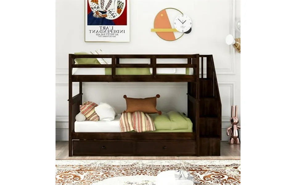 Cfowner Solid Wood Twin-over-twin Stairway Bunk Bed With Drawers Storage Trundle And Guard Rail For Bedroom And Dorm Gra