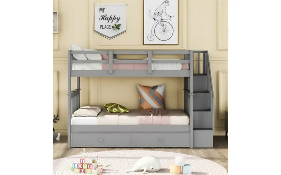 Cfowner Solid Wood Twin-over-twin Stairway Bunk Bed With Drawers Storage Trundle And Guard Rail For Bedroom And Dorm Gra