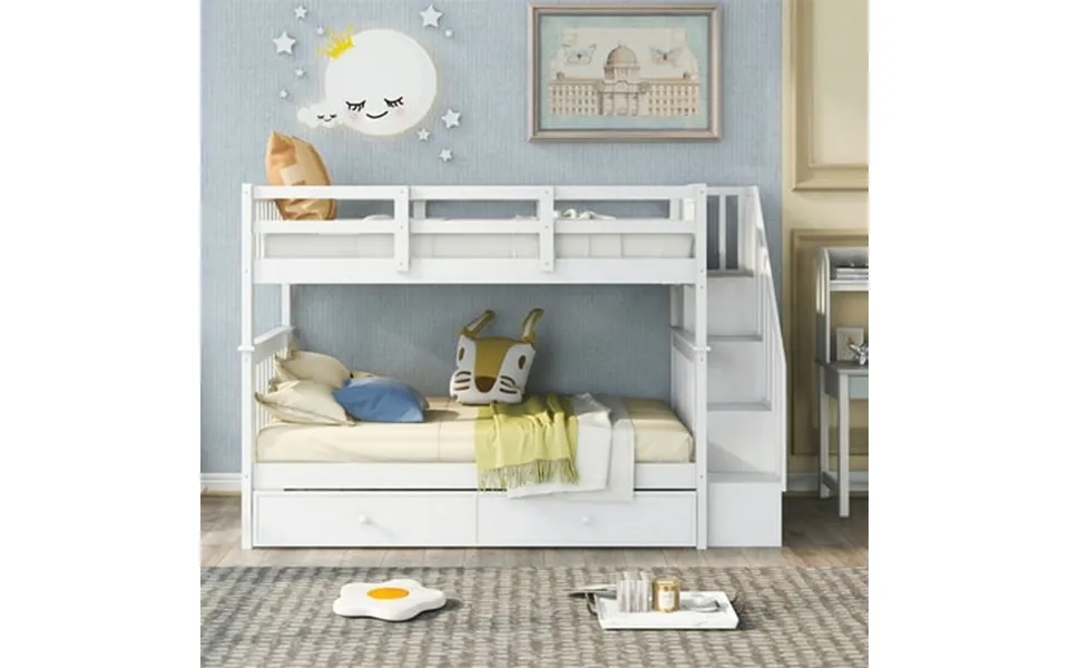 Cfowner Solid Wood Twin-over-twin Stairway Bunk Bed With Drawers Storage Trundle And Guard Rail For Bedroom And Dorm Gra
