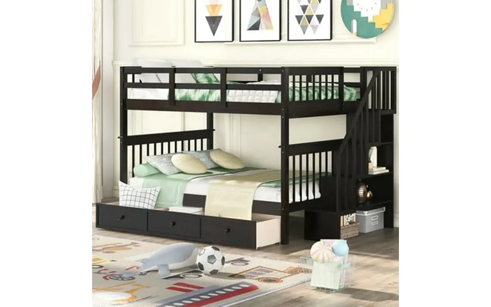 Cfowner Stairway Twin Over Full Bunk Bed With Drawers Storage Shelf And Guard Rail For Kids