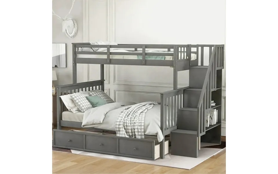 Cfowner Twin Over Full Stairway Bunk Bed With Drawers Storage And Guardrail For Bedroom No Box Spring Required