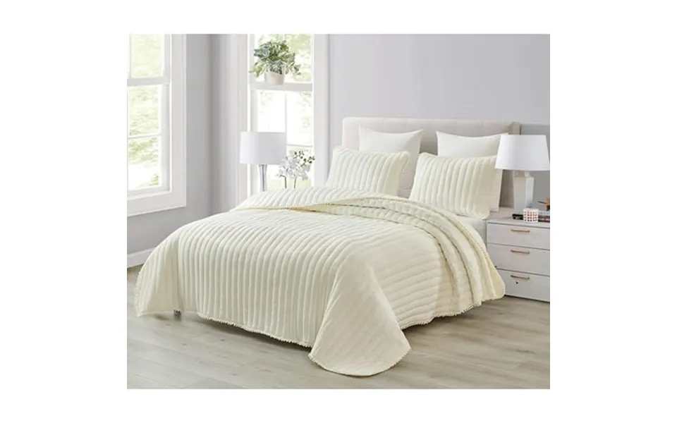 Chezmoi Collection Iris 3-piece Channel Stitch Quilt Set Pre-washed Pom Poms Fringe Bedspread Coverlet Queen Ivory