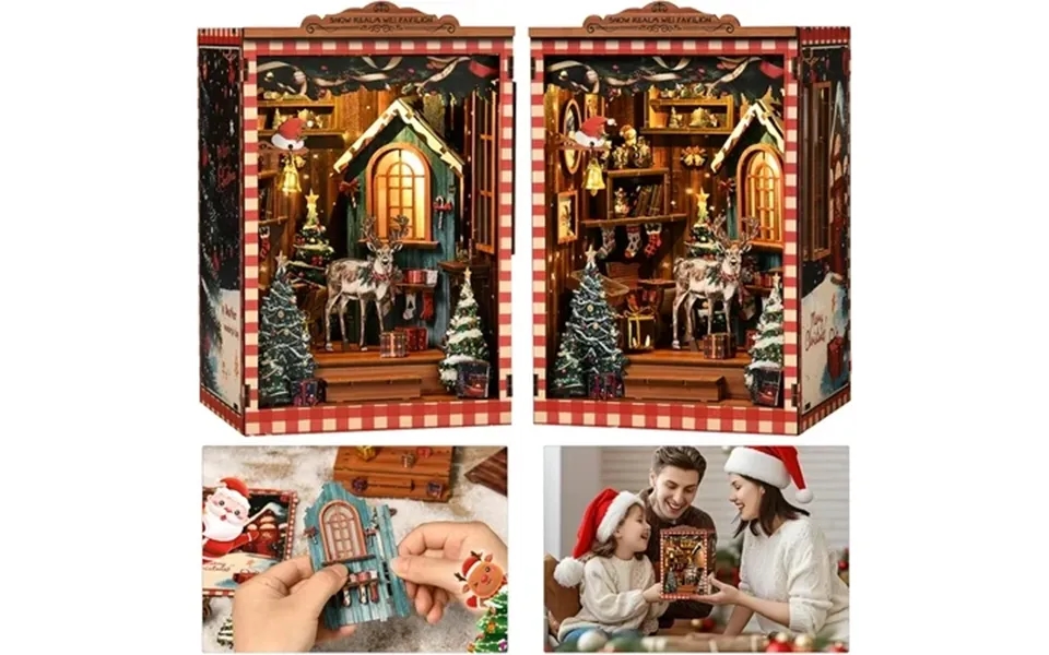 Christmas Book Nook Kit Diy Miniature Dollhouse Gift Kit 3d Wooden Puzzle Tiny House Bookshelf With Led Light Insert Dec