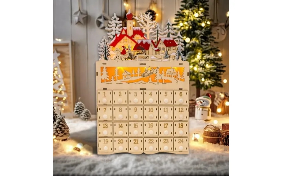 Christmas Wooden Drawer Advent Calendar-led Lights Battery Powered Storage Box With Wooden Santa And Reindeer Hand-paint