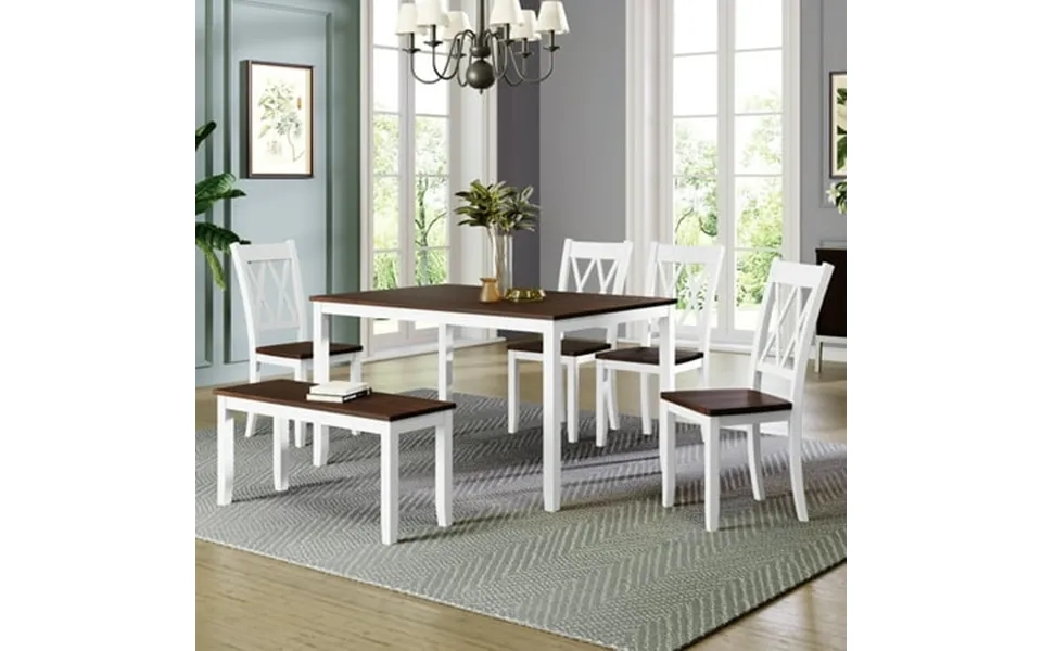 Churanty 6 Pieces Wooden Kitchen Table Set Farmhouse Rustic Dining Table Set With Cross Back 4 Chairs And Bench White Ch