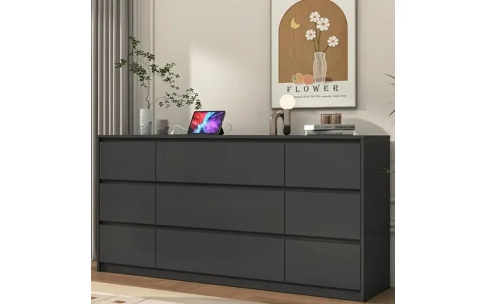 Chvans Black 9 Drawers Dresser With Charging Station 63 Long Modern Dresser With 9 Drawers For Bedroom Large Wood Chest