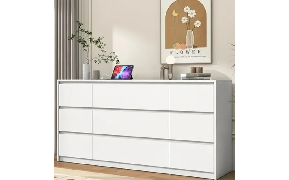 Chvans White 9 Drawers Dresser With Charging Station 63 Long Modern Dresser With 9 Drawers For Bedroom Large Wood Chest