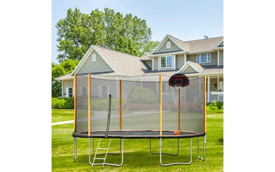 Clearance 14 Ft Trampoline With Safety Net Ladder & Basketball Hoop Outdoor Trampoline For Kids Bulit-in Zipper Steel Fr