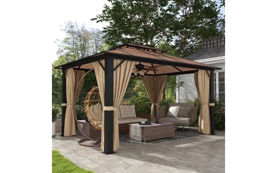 Clouddwell 10x13 Ft Patio Hardtop Gazebo Aluminum Furniture Gazebo With Netting And Curtains For Garden Brown