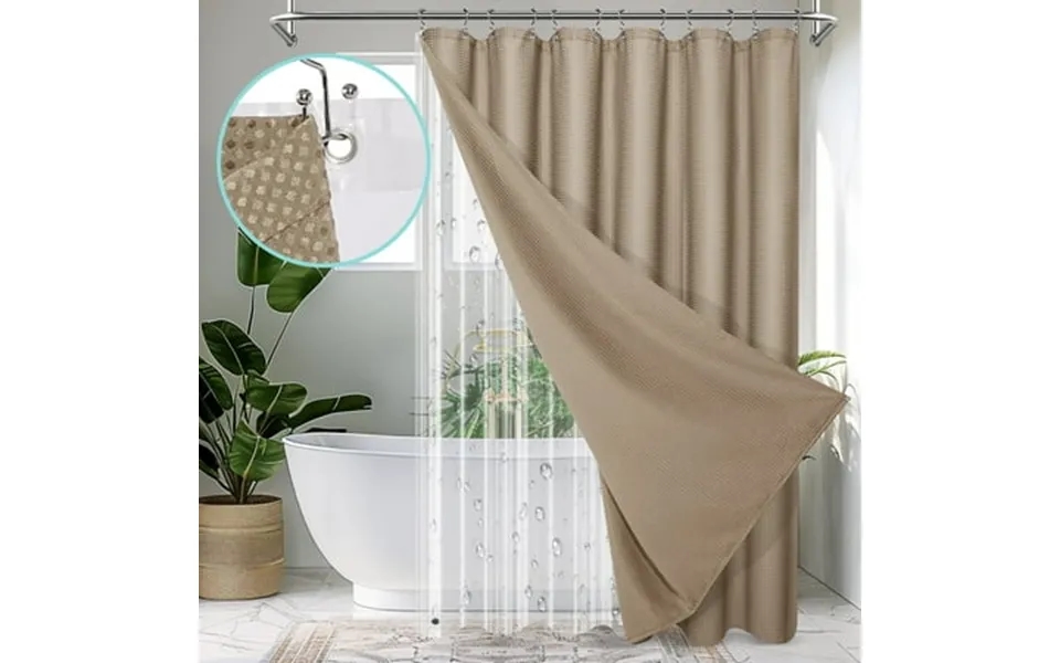 Cocosity Heavy Duty Waffle Textured Brown Shower Curtains Set With Liner & Hooks 72 W X 84 H