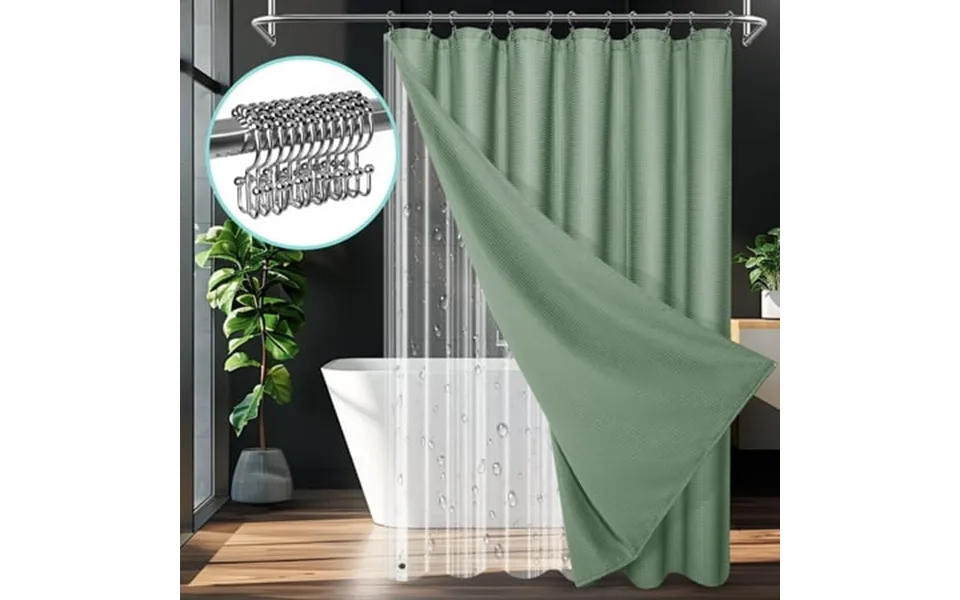 Cocosity Heavy Duty Waffle Textured Sage Green Shower Curtains Set With Liner & Hooks 72 W X 84 H