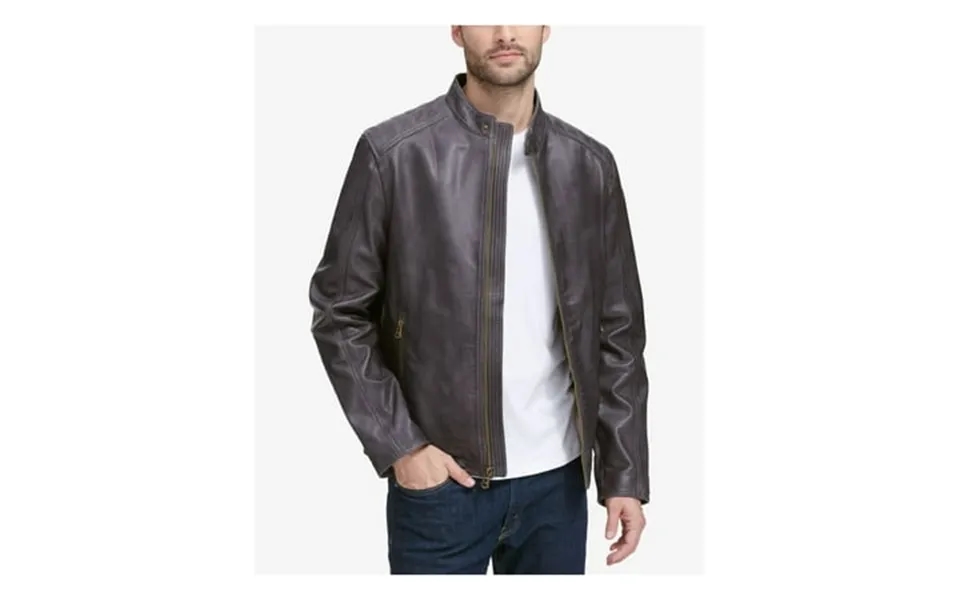 Cole Haan Mens Black Single Breasted Faux Leather Zip Up Jacket