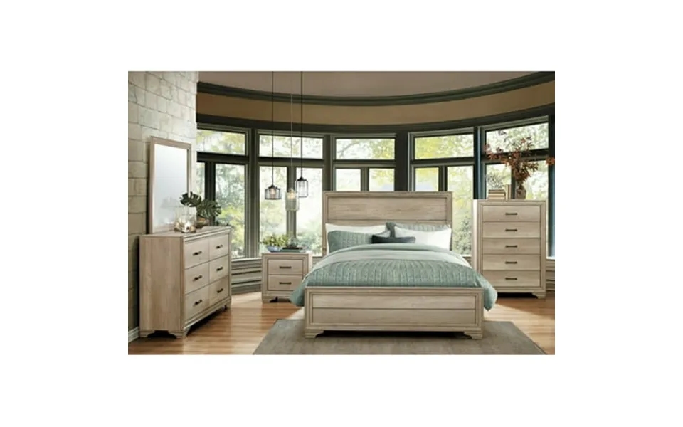 Contemporary 4pc Bedroom Set Queen Bed Nightstand Dresser Mirror Melamine Laminate Rustic Aesthetic Bedroom Furniture