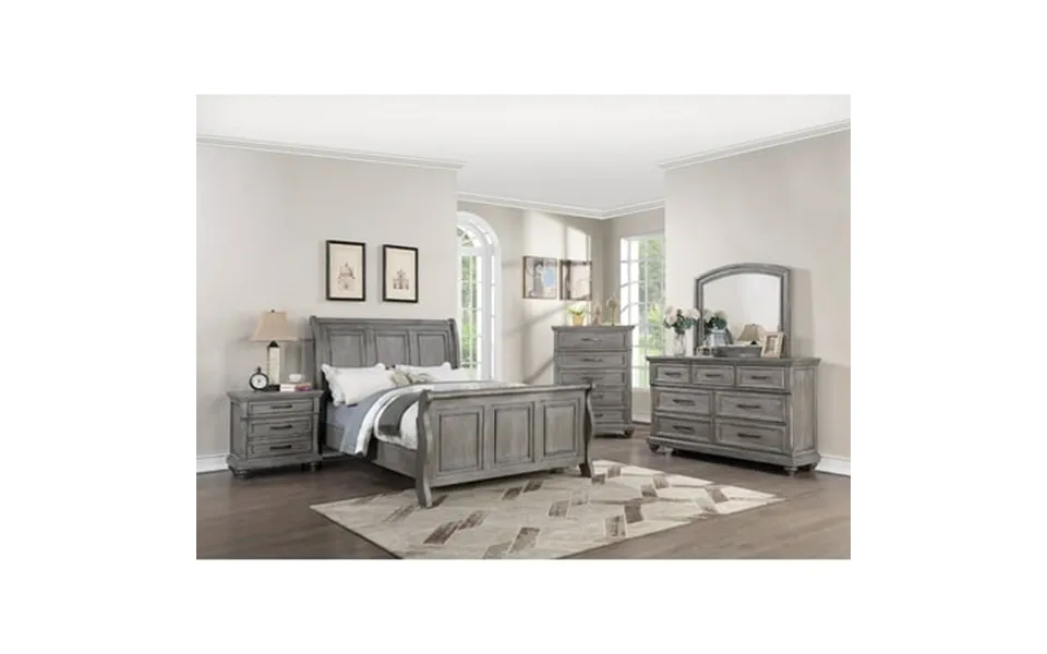 Contemporary Grey Hues Veneer 6pc Bedroom Furniture Queen Size Bed Dresser Mirror 2x Nightstands Chest Sleigh Bed Plywoo