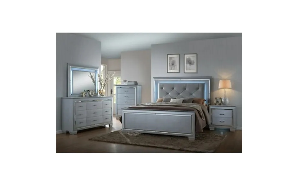 Contemporary Silver Finish 6pc Queen Size Led Backlit Upholstered Hb Bed Dresser Mirror Nightstand Chest Wooden Bedroom