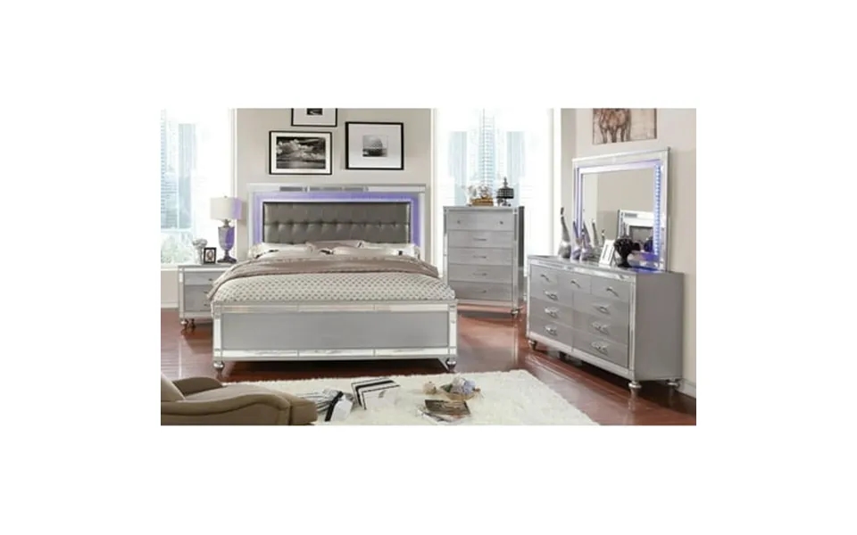 Contemporary Silver Headboard Tufted Leatherette Est King Size Bed 6pc Set Dresser Mirror 2x Nightstands Chest Bedroom F