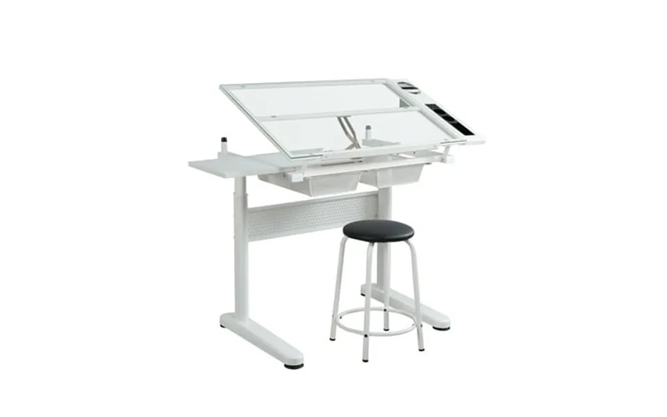 Cosotower Hand Crank Adjustable Drafting Table Drawing Desk With 2 Metal Drawers White With Stool