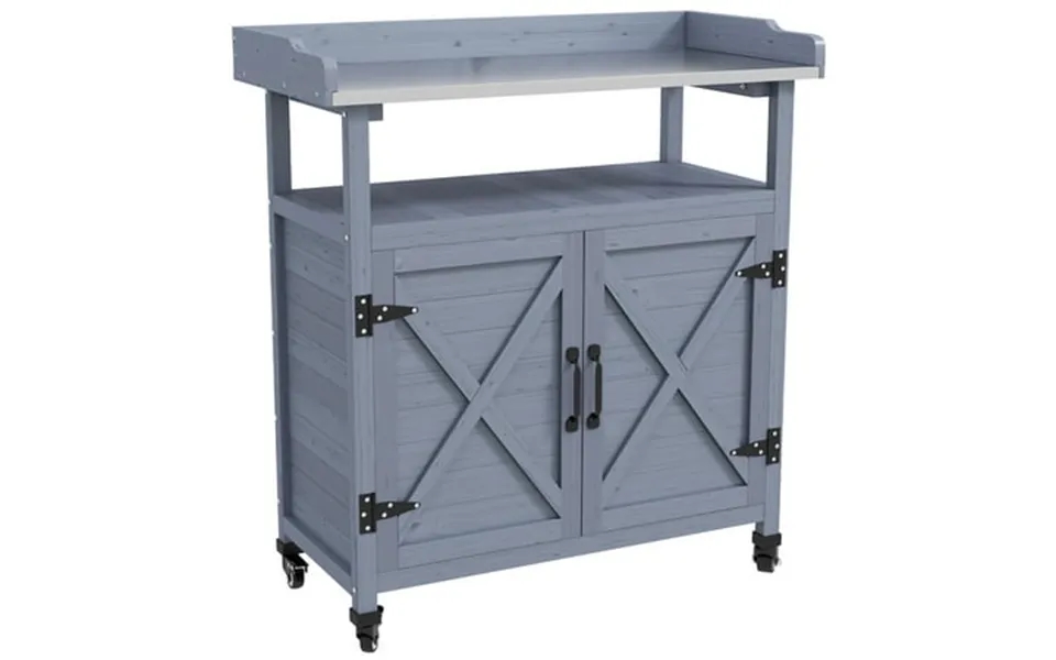 Cosotower Outdoor Potting Bench Wooden Potting Table With Storage Cabinet Aluminum Table Top Rubber Wheels For Backyard