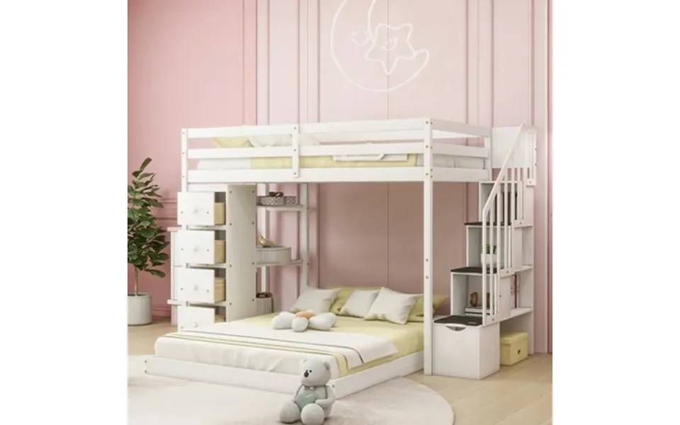 Cosotower Twin Over Full Bunk Bed With 3-layer Shelves Drawers And Storage Stairs White