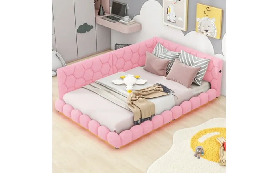 Cosotower Upholstered Full Size Platform Bed With Usb Ports And Led Belt Pink