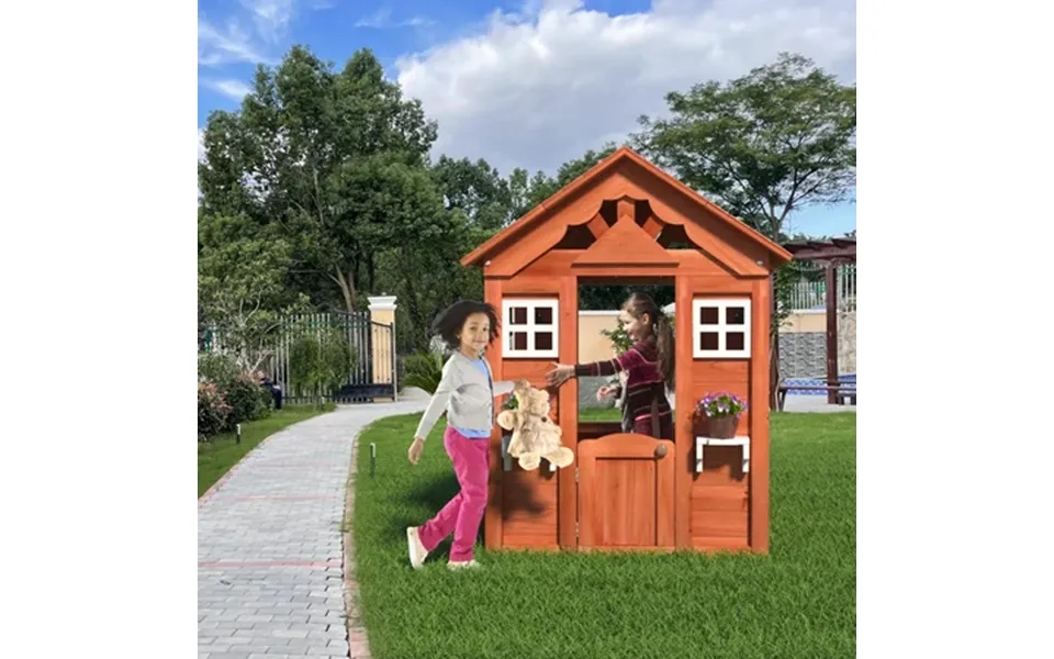 Cosotower Wooden Kids Playhouse With 2 Windows And Flowerpot Holder 42 Lx46 Wx55 H Golden Red