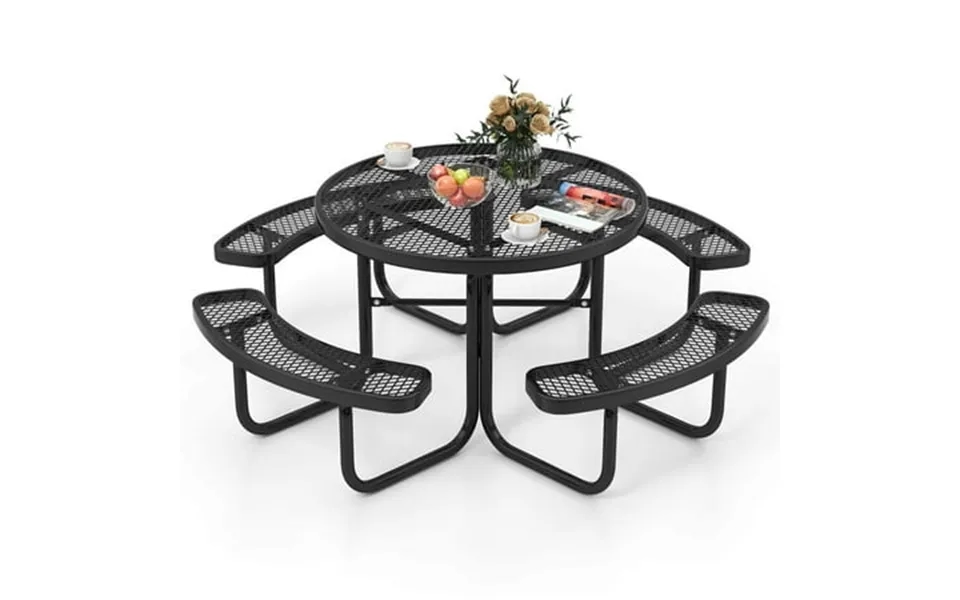 Costway 45 Coated Steel Camping Table Outdoor Round Picnic Table & Bench Set For 8 Black