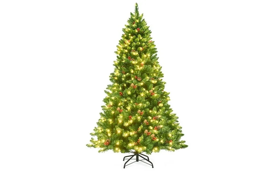 Costway 6.5ft Pre-lit Hinged Christmas Tree W Pine Cones Red Berries And 450 Led Lights