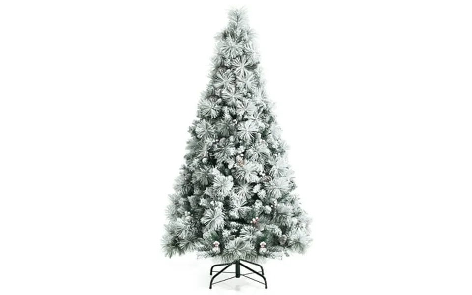 Costway 6ft Artificial Christmas Tree Snow Flocked Hinged Xmas Tree W Pine Needles Red Berries Pine Cones & Metal Base