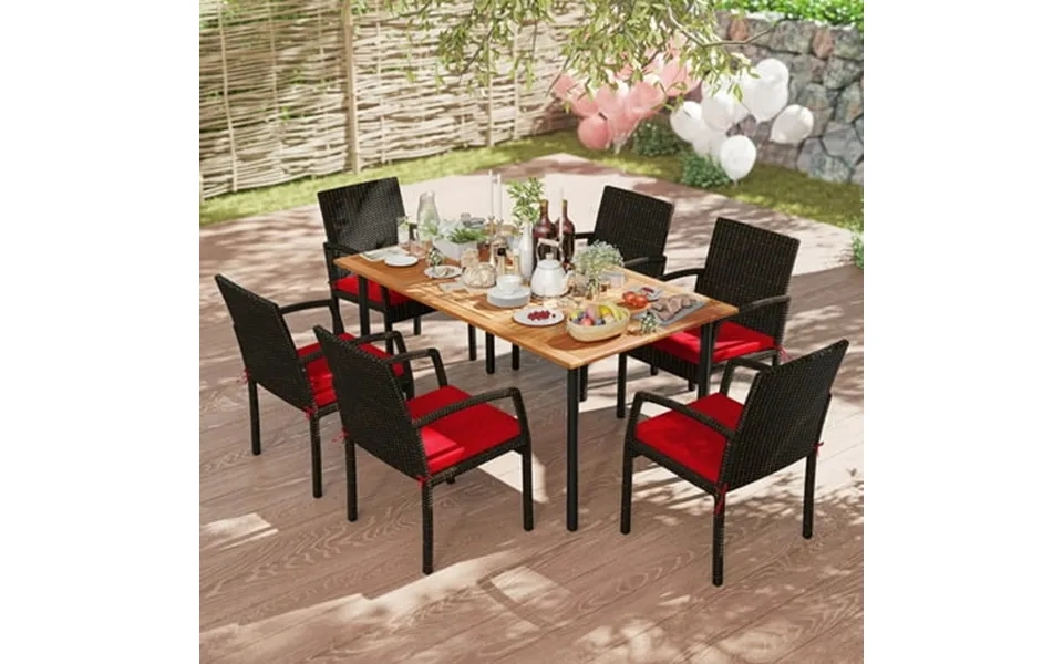 Costway 7pcs Patio Rattan Dining Chair Table Set W Cushion Umbrella Hole Red
