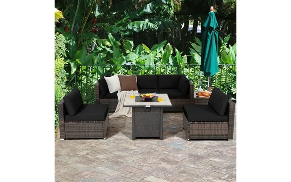 Costway 7pcs Patio Rattan Furniture Set 30 Fire Pit Table Cover Cushion Sofa Black
